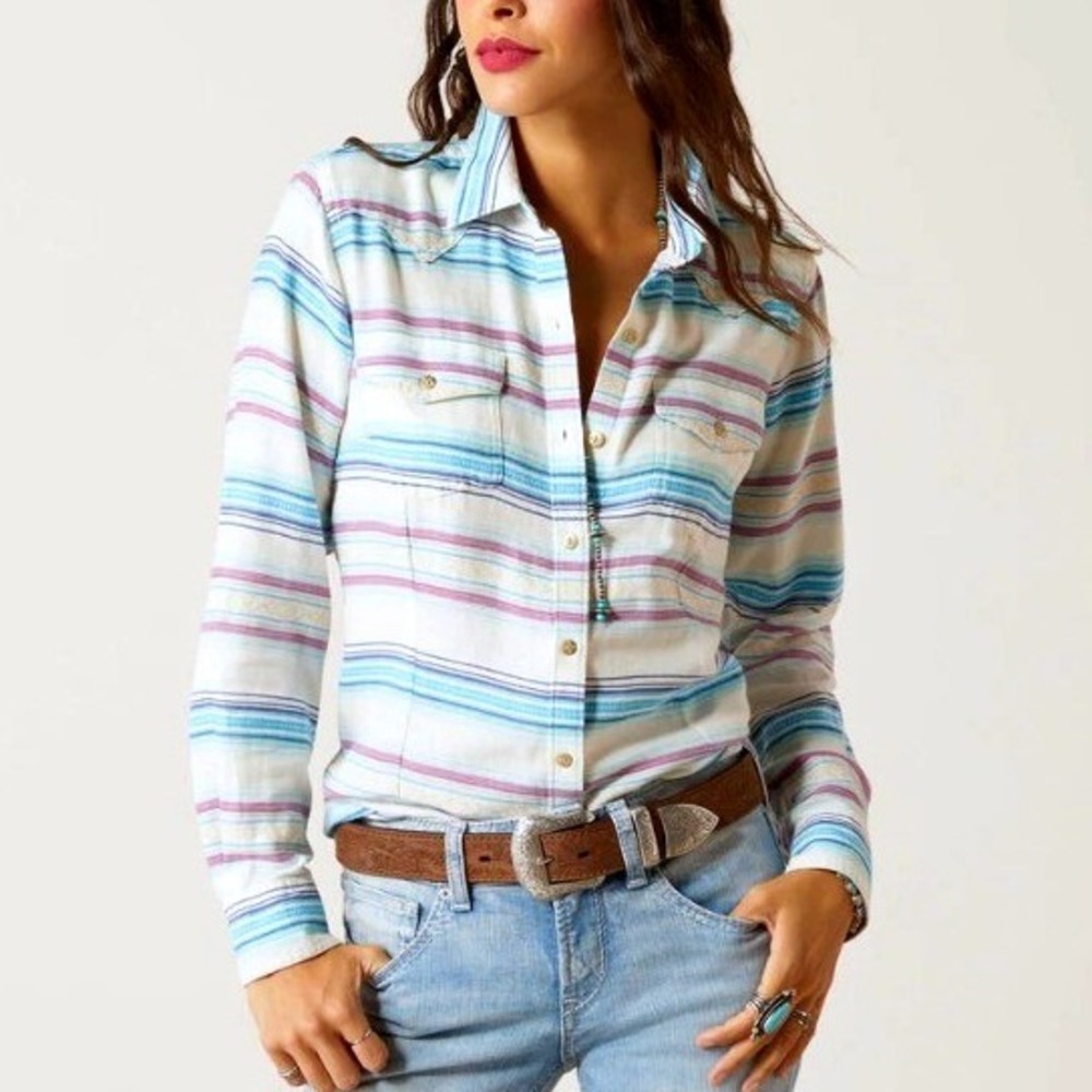 NWT Ariat Rica Blue White Tribal Aztec Stripe Western Cowgirl Button Up Shirt S